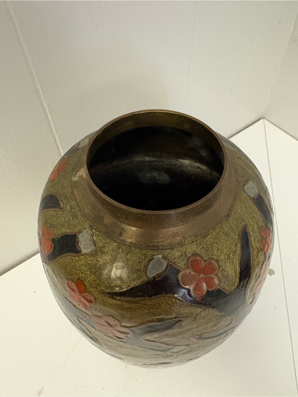 Vintage Heavy Brass Vase with Handpainted Flower Design 9” Tall GVC - Picture 2 of 5